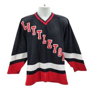 Vintage Contak Adult Medium Jersey Hockey Littleton Mesh Letter Patch Black Red